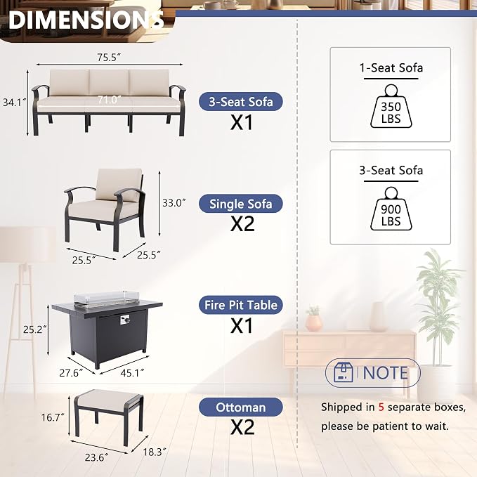 Kurapika Aluminum Patio Furniture Set 5-Seat Modern Metal Outdoor Conversation Sets w/45in Propane Fire Pit Table, w/5.1 Inch Cushion Patio Sectional Sofa with 2 Ottomans, Sand