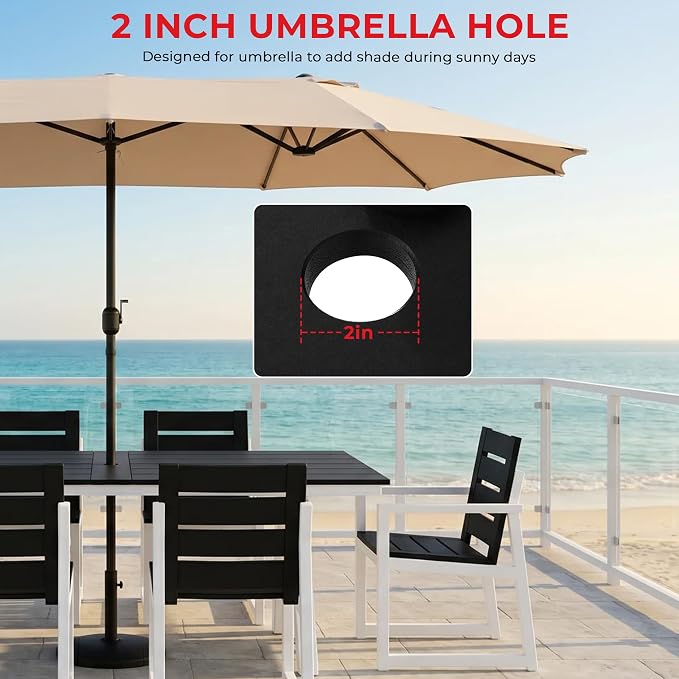 Costaelm Outdoor Dining Tables for Patio, 72" Rectangle 6-Person HDPE Dining Table with Umbrella Hole and Metal Frame for Outside, Garden, Poolside, Backyard, Porch, Balcony, Black