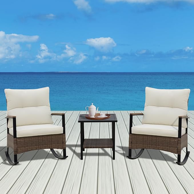 COOS BAY Sunset Haven 3 Piece Outdoor Patio Furniture Set, Rocking Chairs with Side Table, Wicker Patio Bistro Set, Brown/Beige