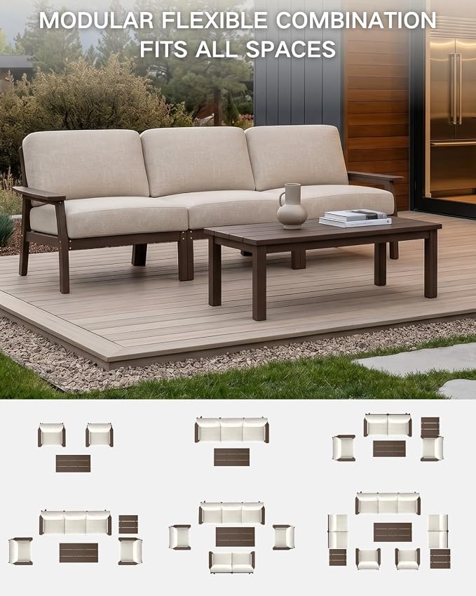AreShark 3-Piece HDPE Patio Conversation Set, All Weather Outdoor Couch Set with Thick Cushions, Outdoor Sectional Outdoor Sofa Set for Lawn, Deck, Backyard, Brown & Beige