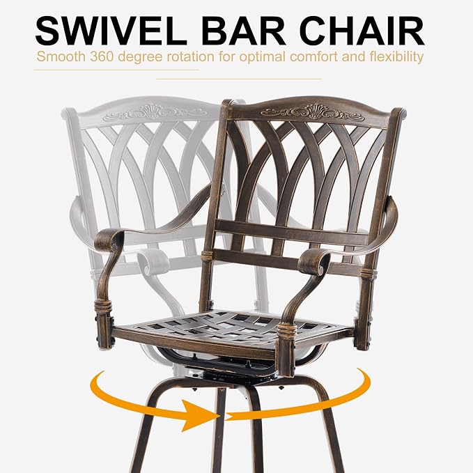 Bar Height Outdoor Table and Chairs, 3 PCS Cast Aluminum Patio Swivel Bar Set Include 31.5" Outdoor High Top Table and Barstool Set of 2 with Cushions