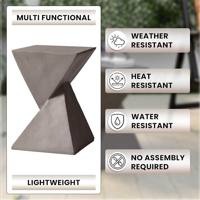 LeisureMod Modern Side Table Square Fiberstone Accent End Stool for Home Outdoor Patio Table Living Room Night Stand, Weather-Resistant, Glint in Grey