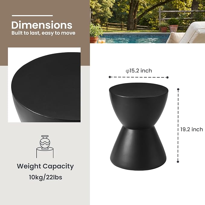 HOMPUS Outdoor Side Table Hourglass Shaped, Concrete End Table, Round Drum Patio MgO Coffee Lightweight Table, Modern Garden Planter Stand for Indoor Outdoor Use, Black