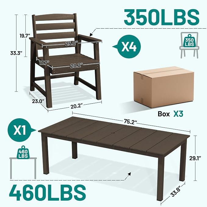 PLUUV 5-Piece Patio Dining Set, Hdpe Outdoor Patio Furniture Set with Aluminum Table Legs & Umbrella Hole, All-Weather Resistant Patio Table Set for Garden, Backyard, 4 Chairs & 1 Table, Coffee