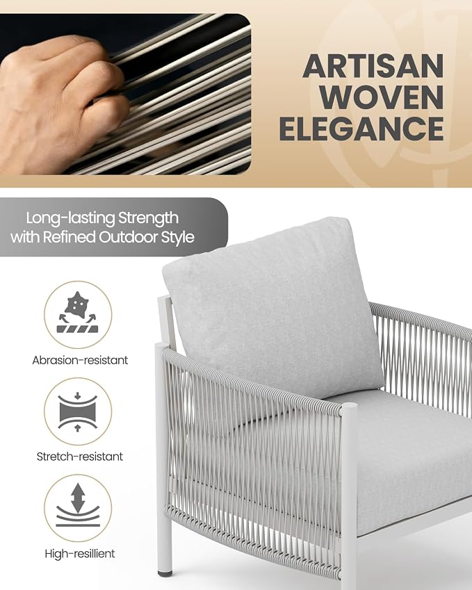 Aluminum Patio Furniture Set, 4 Seats Modern Outdoor Sectional Furniture with PE Rope & Dual-Layer Coffee Table, Luxury Patio Conversation Sets with 6" Cushions for Backyard/Garden, White