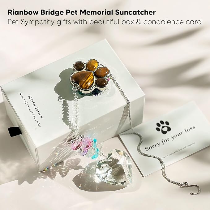 Dog Memorial Gifts, Pet Memorial Suncatcher, Loss of Dog Sympathy Gift | Thoughtful Dogs and Cats Bereavement Remembrance Gifts, Natural Cat's Eye Stone Paw Crystal Suncatcher