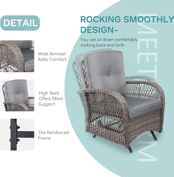 MEETWARM Patio Wicker Rocking Glider Set, All-Weather Outdoor Rattan Patio Rocking Chairs of 2, Patio Conversation Set with Thickened Cushions for Porch Garden & Backyard, Gray