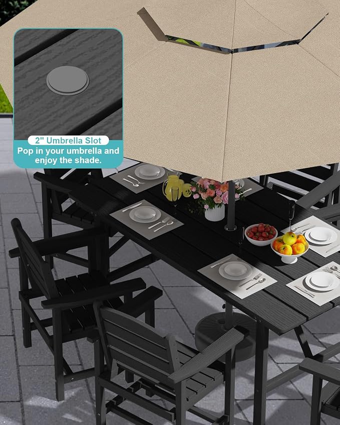 PLUUV Outdoor Patio Dining Set for 6, 66" HDPE Table with Umbrella Hole Cut-Out & 6 Chairs, Wood-Like Texture, All-Weather Furniture for Backyard, Garden, Porch, Black