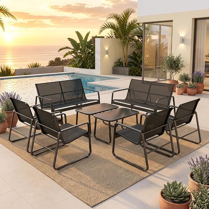 Gizoon 8 Pieces Outdoor Patio Furniture Set, 2 Bench Loveseat + 4 Single Armchairs + 2 Tempered Glass Coffee Tables, Metal Frame Patio Conversation Set for Backyard Poolside Porch, Black