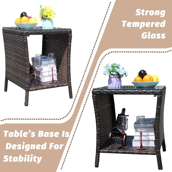 Outdoor Rattan Patio Side Tables, Wicker Table with Clear Tempered Glass Top, Patio End Tables with Storage Shelf, Outdoor Small Tables for Patio,Porch,Balcony,Backyard (Brown, 19.25 Inch)