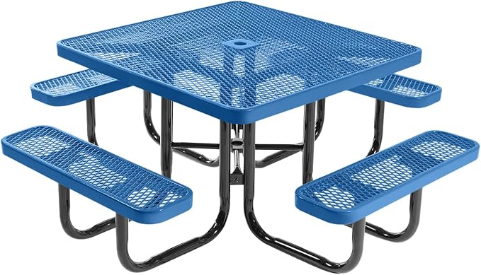 COATEDOUTDOORFURNITURE Heavy-Duty Portable Outdoor Picnic Table with Umbrella Hole, Expanded Metal Commercial-Grade Patio Dining Furniture Made in America (46" Square Top, Textured Light Blue)