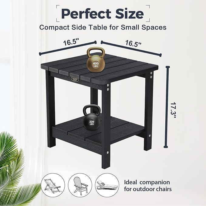 Adirondack Square Outdoor Side Table, 2-Tier Patio Side Table, HDPS End Tables for Porch, Deck, Backyard, Garden, Poolside, Beach, Easy Assembly, Black
