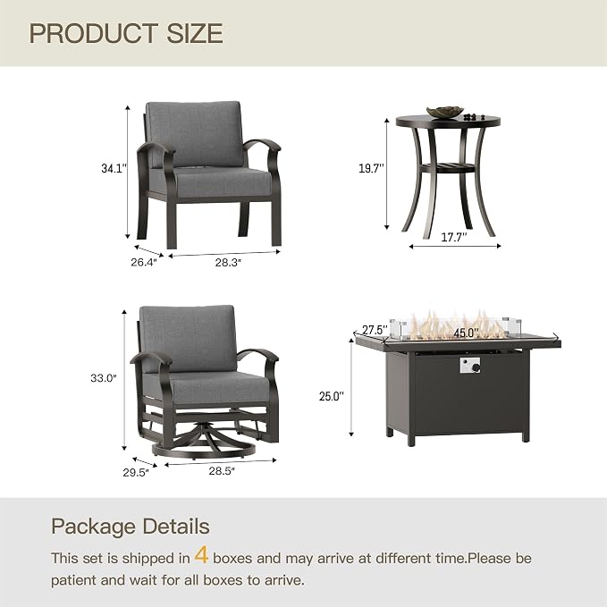Aluminum Patio Furniture Set with 55,000 BTU Propane Fire Pit Table, 4 Seats Metal Modern Outdoor Furniture w/5.1" Cushions, Sectional w/Swivel Chairs for Backyard, Grey