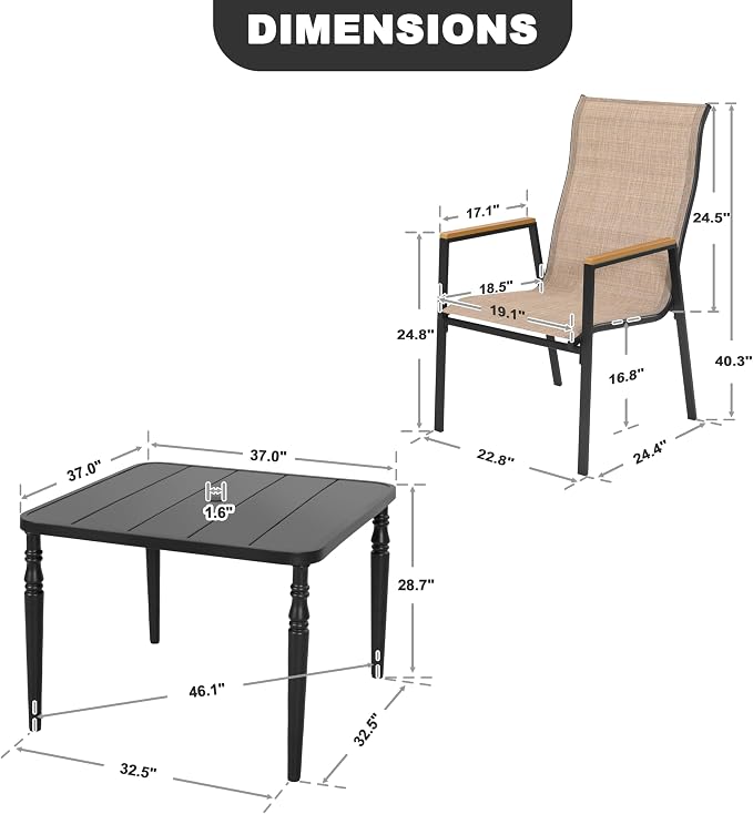 NUU GARDEN 5 Piece Outdoor Patio Dining Set for 4, Square Table with Umbrella Hole and 4 Stackable Textilene Chairs, Outdoor Furniture for Backyard Garden, Black and Khaki