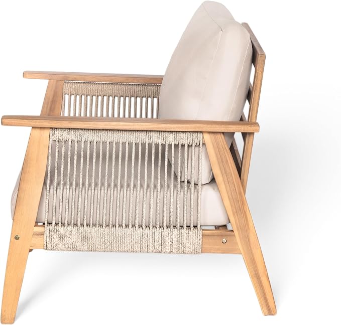Christopher Knight Home Lorna 4-Seater Patio Furniture Set with Removable Cushion, 4 Piece Outdoor Acacia Wood Conversation Set, Sold Wood Outdoor Sectional Sofa Set with Coffee Table, Teak+Beige