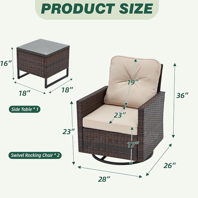 AVAWING 3 Pieces Patio Furniture Set, Wicker Swivel Rocking Chairs with Tempered Glass Side Table, Patio Conversation Set w/Waterproof Cushions for Garden, Balcony and Porch, Beige