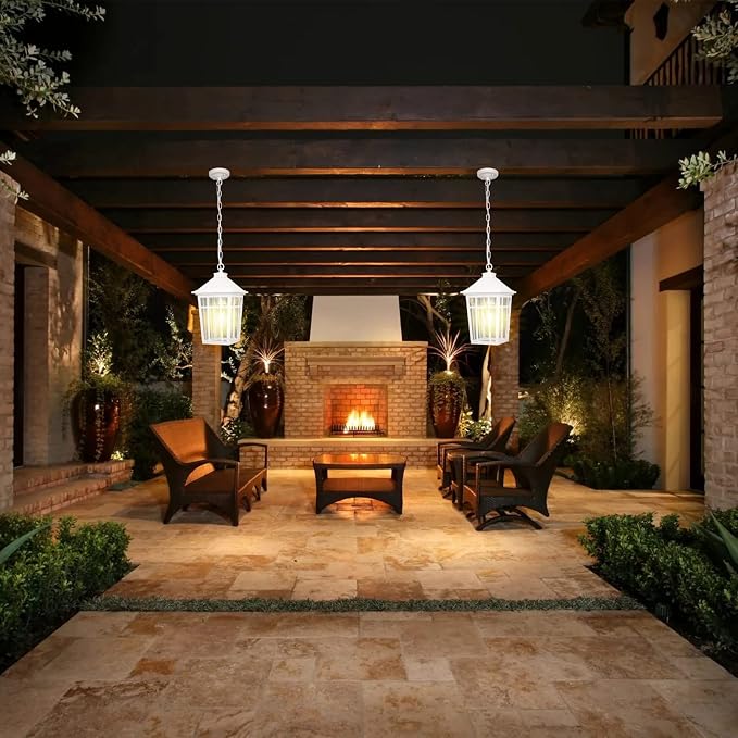 Darkaway Large Outdoor Pendant Light Fixture, 16inch Outdoor Hanging Light Porch Lights Fixtures Waterproof Aluminum with Seeded Glass for Entryway Doorway Farmhouse Patio Courtyard (White，Large)