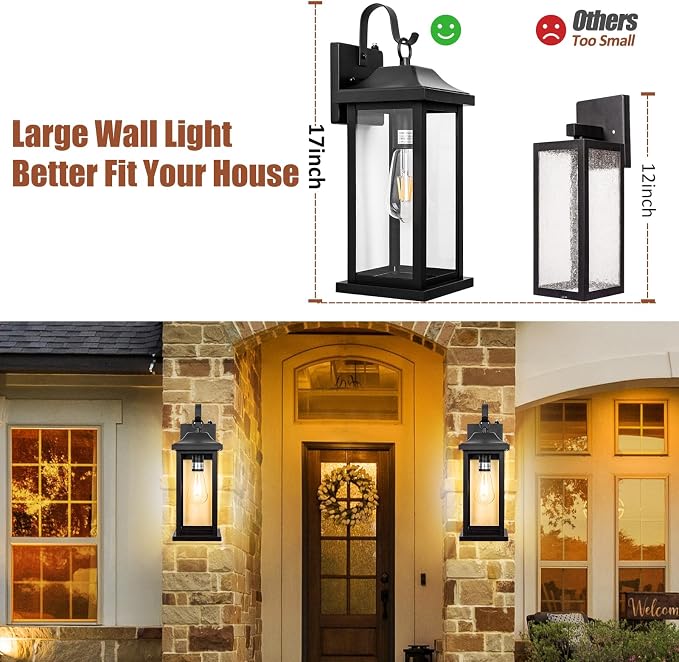 oravilila Dusk to Dawn Large Outdoor Wall Light 17 Inch | 1 Pack ETL Listed, Photocell Sensor Exterior Light Fixture Front Porch, Matte Black Outside Wall Sconce Lantern