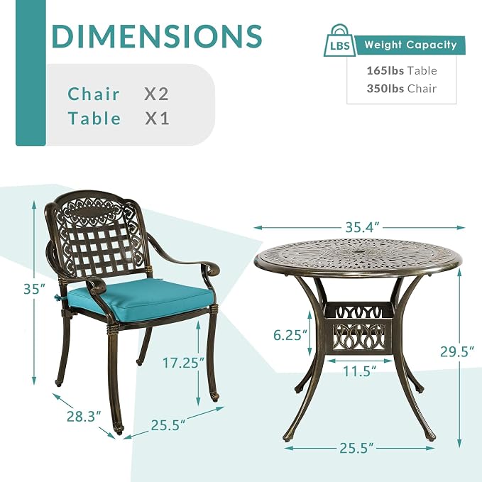 MEETWARM 3 Piece Patio Bistro Set, Outdoor All-Weather Cast Aluminum Dining Furniture Set Includes 2 Chairs with Cushions and a 35.4” Round Table with Umbrella Hole for Garden Deck, Ocean Blue