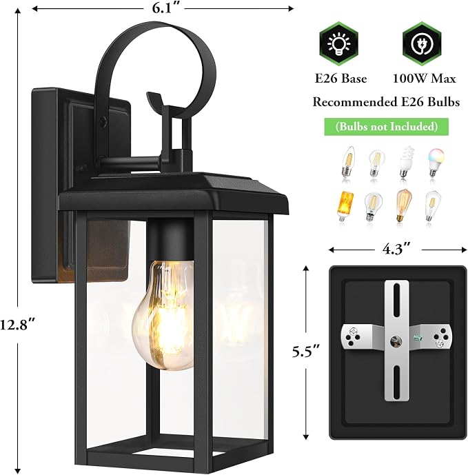 BesLowe 2-Pack Outdoor Wall Light Fixtures, Modern Porch Sconces, Black | Waterproof, Rust-Resistant, Durable Metal with Clear Glass, Standard E26 Socket, Easy to Install