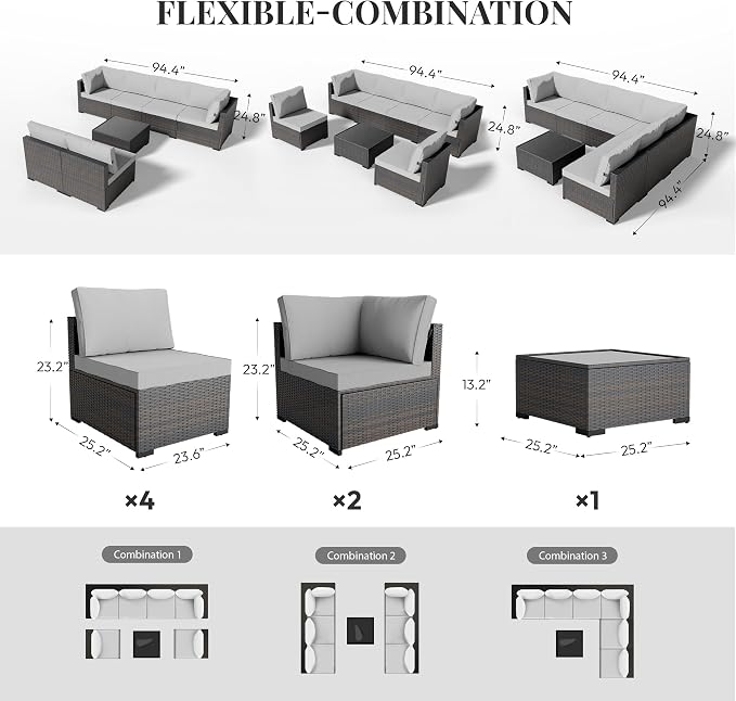WWR Patio Furniture Set 7 Piece - All-Weather - Wicker Rattan Patio Outdoor Conversation Set, Modular Sectional Sofa for Backyard, Garden, Poolside, Balcony, Porch, Patio, Brown/Light Gray