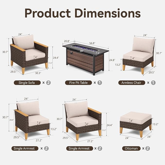 GREEN PARTY 9 Pieces Wicker Patio Furniture Set with 56" Fire Pit Table, All-Weather Outdoor Rattan Patio Sectional Sofa Conversation Set 9 Seats with 4" Thick Cushions for Garden, Backyard