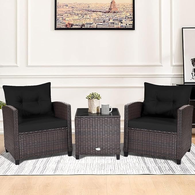 HOMGX 3 Pieces PE Rattan Wicker Patio Sofa Chairs, Outdoor Furniture Conversation Sets with Washable Cushion & Glass Table, Rattan Sofa Set for Balcony, Porch, Yard, Backyard, Lawn, (Black)