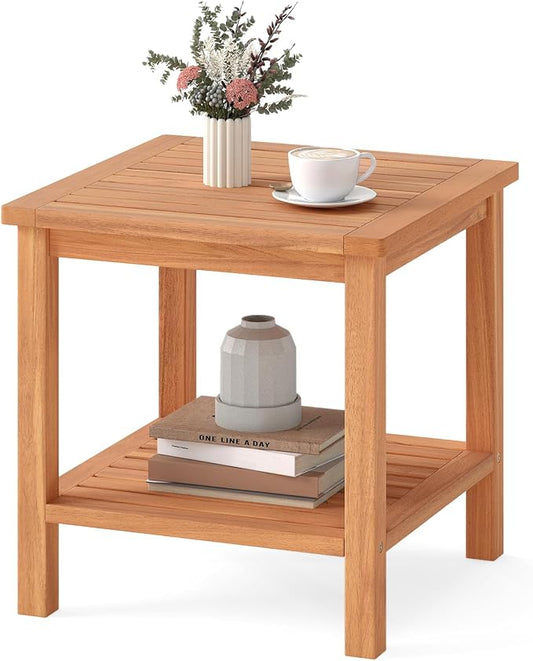 HAPPYGRILL Acacia Wood Outdoor Side Table, 2-Tier Indoor End Table with Spacious Tabletop and Slatted Storage Rack, Square Wood Table for Poolside, Living Room, Porch, Balcony and Garden (1)