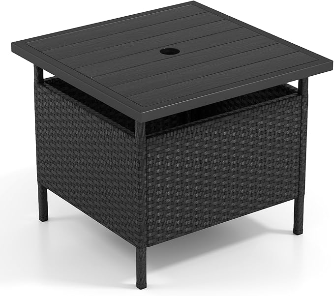 Giantex Umbrella Table, Outdoor Side Table with 2" Umbrella Hole, Rattan Umbrella Stand Holder, Heavy Duty Metal Frame, Patio Bistro Table for Deck Garden Poolside, Black (HDPE Tabletop)