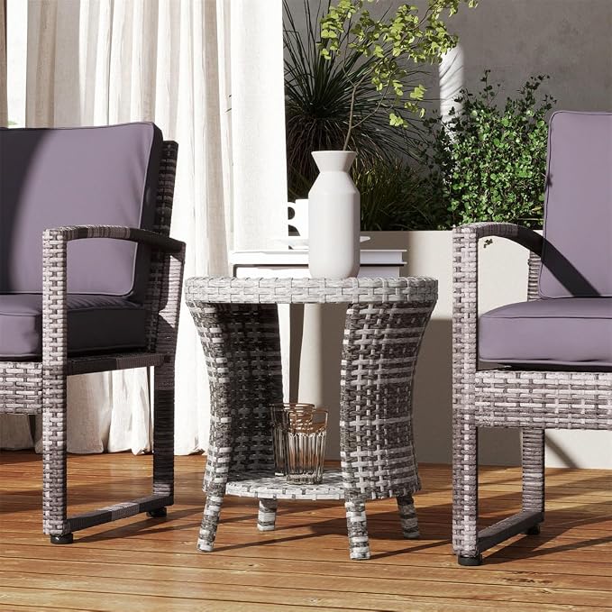 Outdoor Wicker Side Table Hourglass Shape Rattan Patio Table with Storage Shelf, All-Weather for Outside Patio, Porch, Garden, Grey