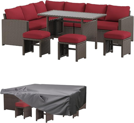 AECOJOY Outdoor Patio Furniture Set with Waterproof Cover, 7 Pieces Clearance Sectional Rattan Dining Table&Chairs, All Weather Wicker Conversation Sofa Couch, Wine Red Cushions&Brown Rattan