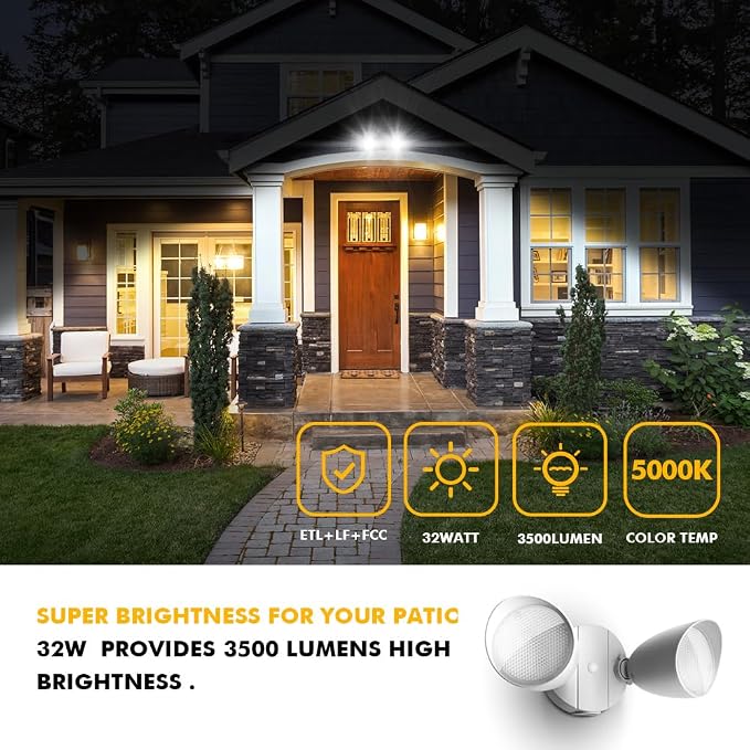 LUTEC 6222W-D2D 3500 Lumen 32 Watt Dusk to Dawn Dual-Head Flood Light Outdoor Waterproof Exterior Security Wall Light, Full Metal Design Floodlight for Patio, Garden, Yard-White