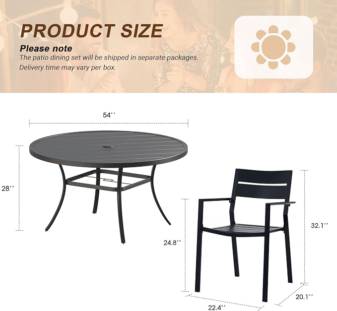 VICLLAX Patio 9 Pieces Outdoor Dining Set, Wrought Iron Metal Outdoor Table and Chairs Set, 53" Round Table with Umbrella Hole and 8 Stackable Chairs for Lawn, Garden, Porch, Black