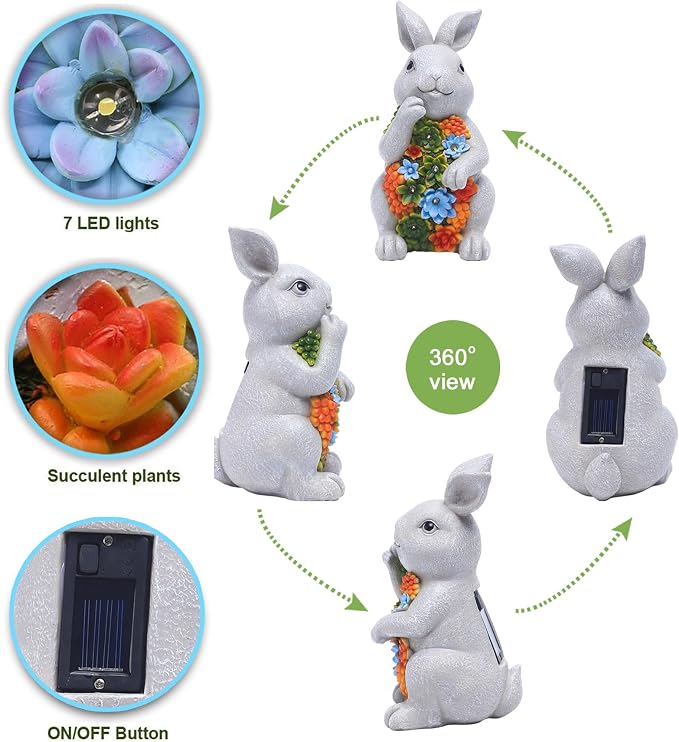 Nacome Solar Garden Outdoor Statues Bunny with Succulent | 7 LED Lights, Lawn Decor Statue for Patio, Balcony, Yard Ornament, Gifts for Mom Grandma Women