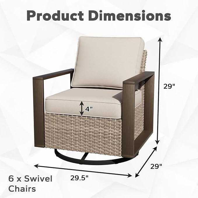 Joyside Outdoor Patio Swivel Rocker Chairs Set, 6 Pieces Wicker Rattan Chairs with Metal Wide Armrest, Thick Cushions and Deep Seating for Garden, Backyard, Porch, Deck