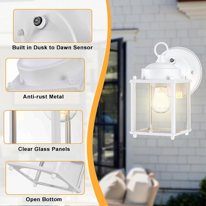 Outdoor Wall Light, Porch Lamp, Dusk to Dawn, White | Exterior Wall Sconce Fixture for House, Garage, Patio, Rustproof Waterproof, Metal Housing with Glass, E26 Base, 4 Pack