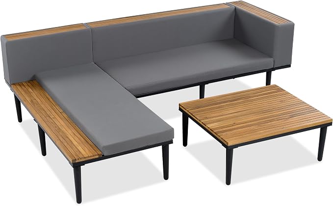 Luxury 4-Piece L-Shaped Outdoor Patio Sofa Set with Acacia Wood Side & Coffee Table, Removable Cushions & Pillows, Metal Frame, Comfortable Modular Conversation Sectional for Backyard, Porch, Gray