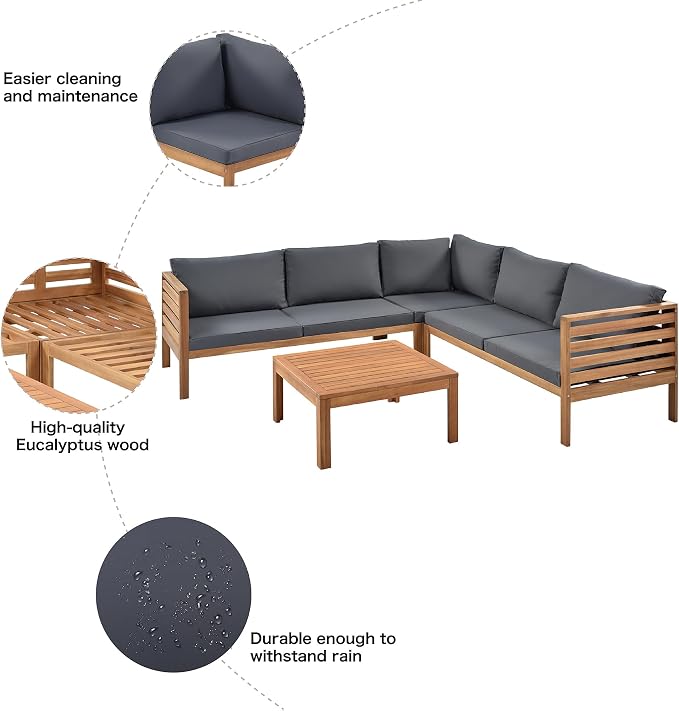 L-Shaped Wood Structure Patio Outdoor Sofa Set with Coffee Table and Cushion, Water Resistant Acacia Wood Sofa for Patio, Lawn, Yard, Pool or Backyard, Gray Cushion