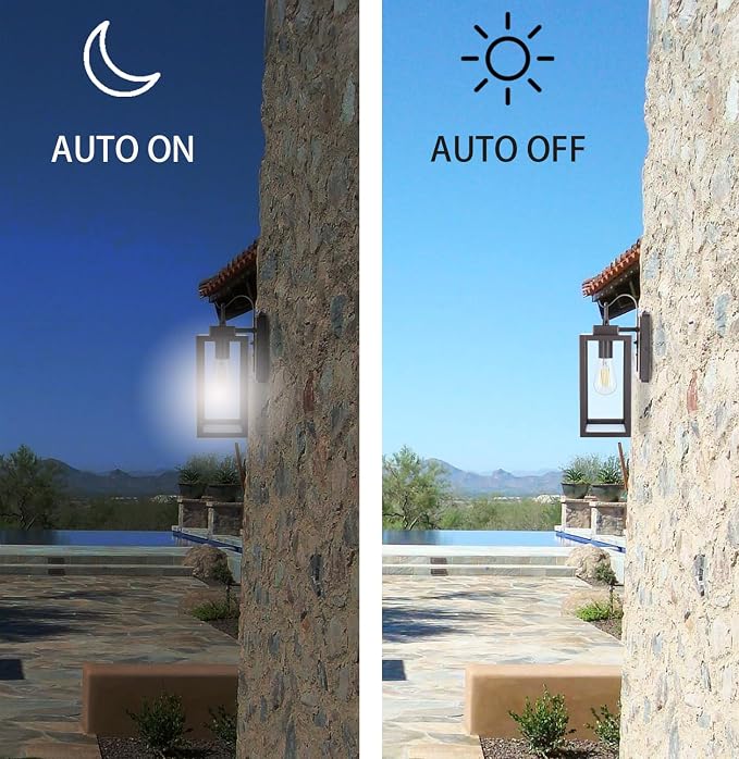 YN-WL009 Outdoor Wall Sconce with Dusk to Dawn Photocell Sensor, Traditional One Light Porch Light, Weather Resistant, Stainless Metal Housing, Clear Glass, Oil Rubbed Bronze, 2-Pack