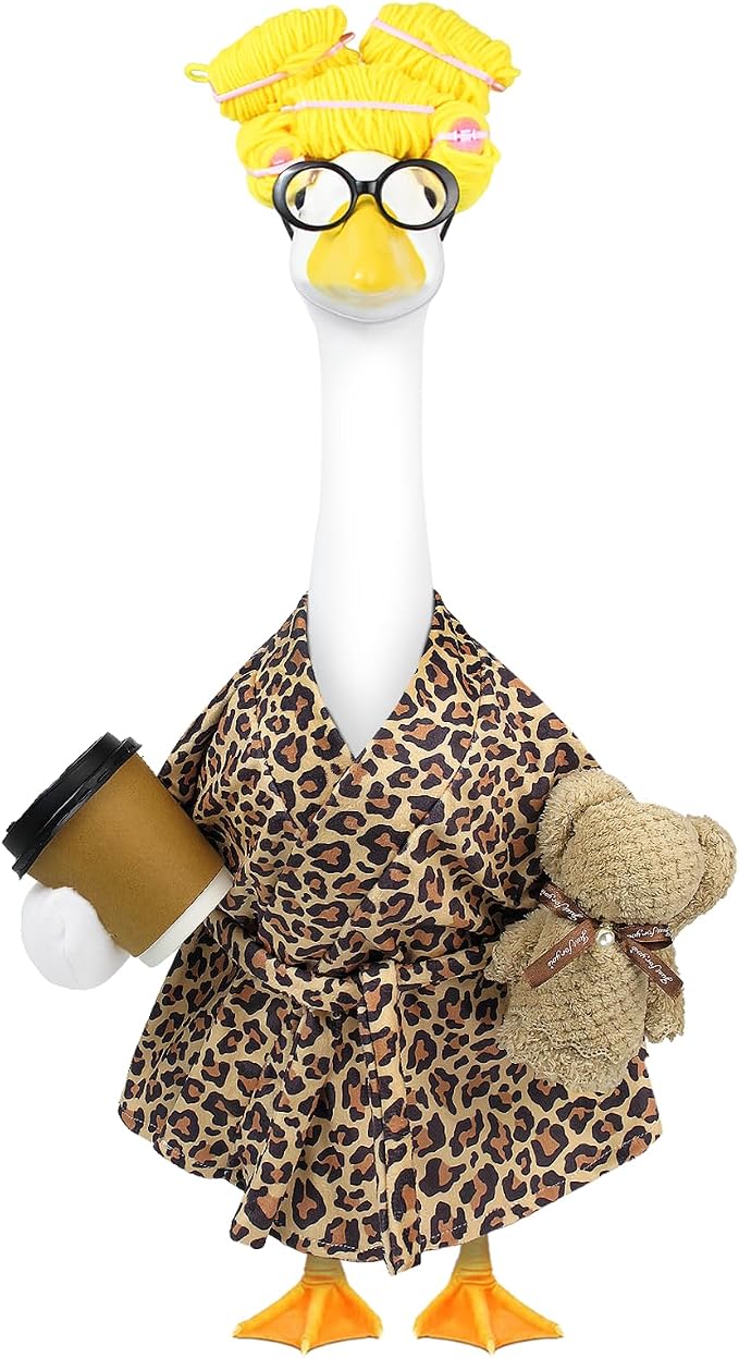 Lady Porch Goose Outfits,Bathrobe Porch Goose Statue Costume with Curlers Reading Glasses Coffee Cup Towel,Cute Goose Clothes for 23-Inch Cement Statue,Lawn Yard Garden Patio Decor（Leopard Print 01）