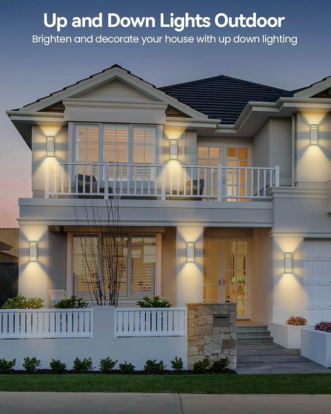 SHIMR Dusk to Dawn Outdoor Lighting, Stainless Steel Modern Sconce, 2 Pack | Brushed Nickel Finish, Up and Down, E26 Base, Bulbs Include, Exterior Light Fixture for Porch Garage Patio