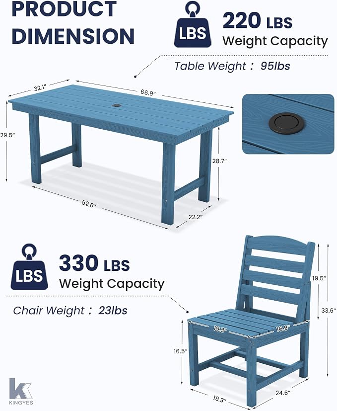 KINGYES 6-Piece Patio Dining Set, HDPE Table, Bench and Armless Chairs Outdoor Furniture Set with Umbrella Hole, Blue