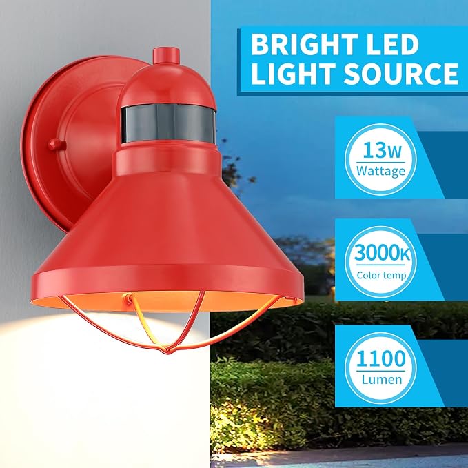Motion Sensor Outdoor LED Wall Sconce Dusk to Dawn Exterior Barn Lighting | Red Outside Porch Light Fixture Waterproof Farmhouse Wall Mount Lamp for House Garage Entryway