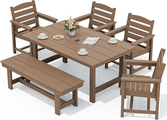SERWALL 6 Pcs HDPE Dining Set, Includes 1 Table, 1 Bench & 4 Chairs, Brown | Outdoor Dining Set with Bench, All-Weather Resistant SERWALL Dining Set for patio