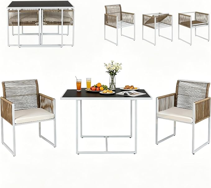 3PC Wicker Patio Dining Bistro Set for 2, All Weather Outdoor Use | Foldable Backrest, Cozy Cushions & Glass Tabletop, Space-Saving, Small Patio Set for Backyard, Balcony, Poolside, Natural