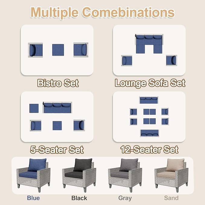 8 Pieces Patio Furniture Set with Fire Pit Table and Ottomans, Modern Outdoor Sectional Sofa with Comfy Cushions, Modular Wicker Rattan Patio Conversation Set, Navy