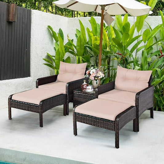 COSTWAY 5 PCS Patio Rattan Furniture Set, Outdoor Cushioned Sofa with Ottomans and Coffee Table, Wicker Conversation Set for Backyard Porch Lawn Poolsid, Beige