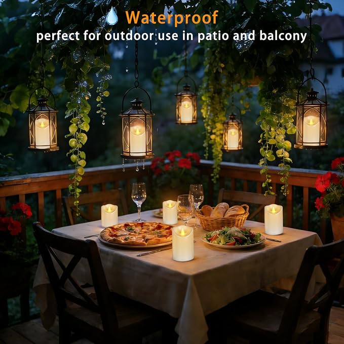 Flameless Candles Set of 6 Plastic Pillars with Cozy Climbing Flame Ambient Effect Waterproof Outdoor Battery Operated Candles with 2 Remotes & Timer for Patio Garden & Home Decor (White)