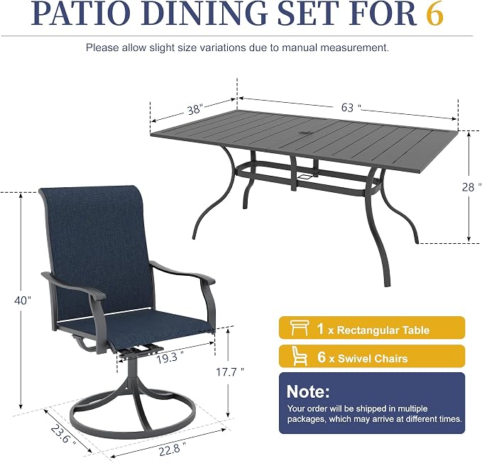 Anmutig 7 PCS Patio Dining Set, Rectangle Metal Table with 1.57" Umbrella Hole and 6 High Back Textilene Swivel Chairs, Suitable for All Weather Blue