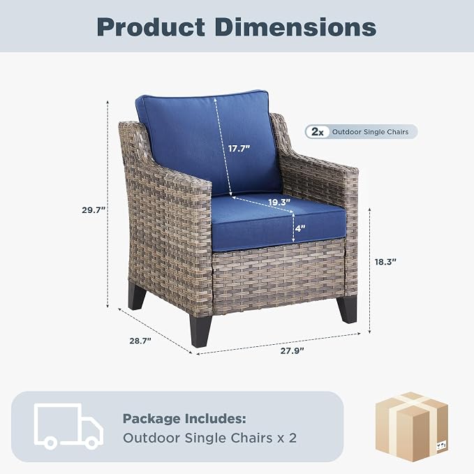 Belord Patio Chairs Set of 2, Outdoor Wicker Chairs for Deck Porch Garden, 2 Piece Luxury Patio Furniture Set, Blue